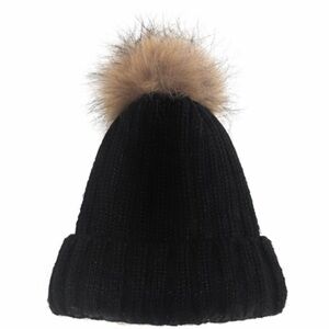 Black Knit Beanie Hat with Faux Fur Pom Pom